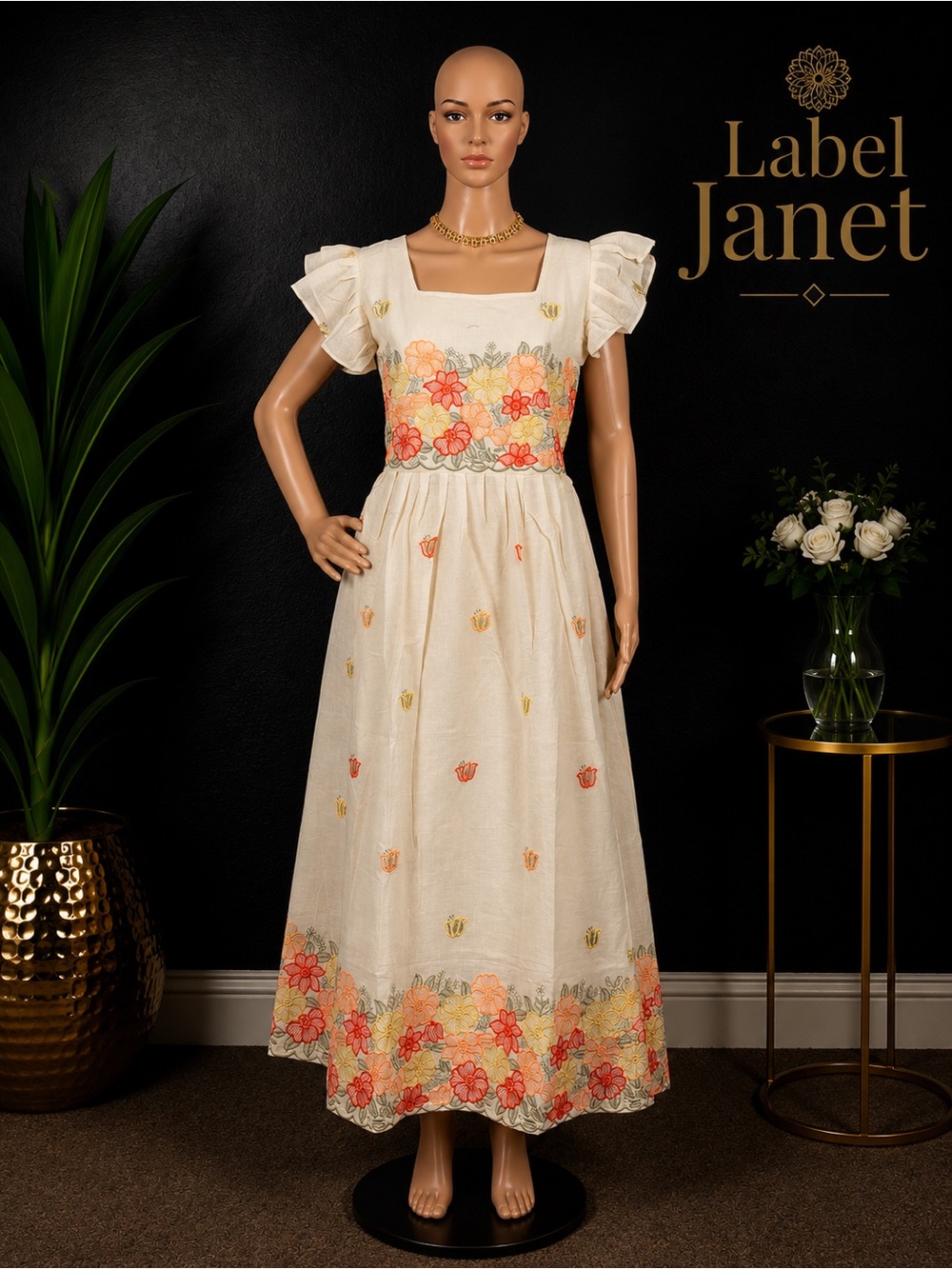 Brand new Cream Floral Embroidered Maxi Dress for women (M up to L)